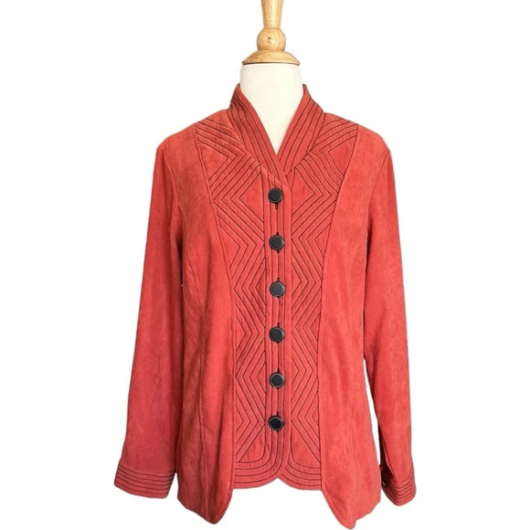 BOB MACKIE Jacket Embroidered Wearable Art Burnt Orange Mandarin Collar, Size M - Picture 1 of 16